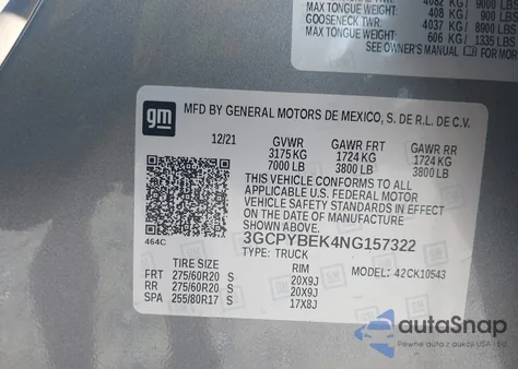 2022 Chevrolet Silverado 1500 Ltd 4Wd Short Bed Custom z USA, uszkodzony, nr VIN 3GCPYBEK4NG157322